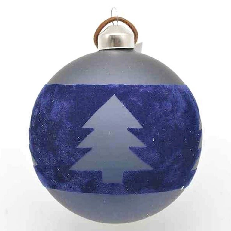 SZKLANA BOMBKA FLOKOWANA Z CHOINKĄ 8CM NAVY BLUE
