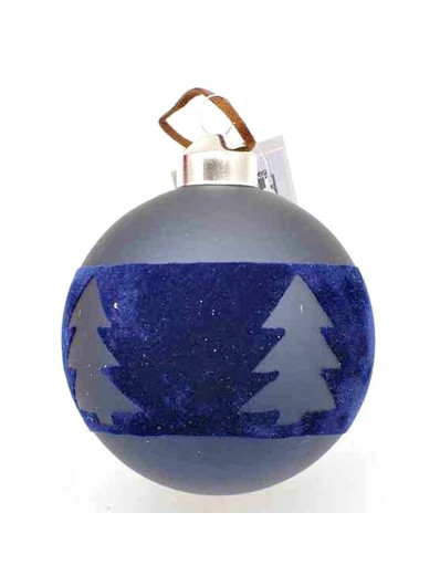 SZKLANA BOMBKA FLOKOWANA Z CHOINKĄ 8CM NAVY BLUE