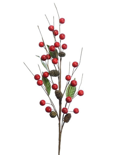 GAŁĄZKA CZERWONE OWOCE Z LISTAKI I SZYSZKAMI 64CM