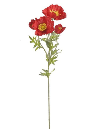 Mak gałązka 4 kwiaty flokowana łodyga 62cm red