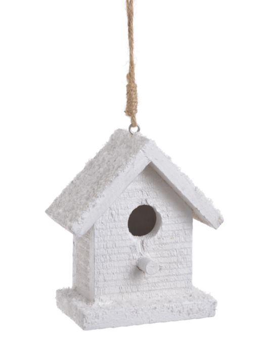 BUDKA OŚNIEŻONA DREWNIANA 11CM ZAWIESZKA WHITE