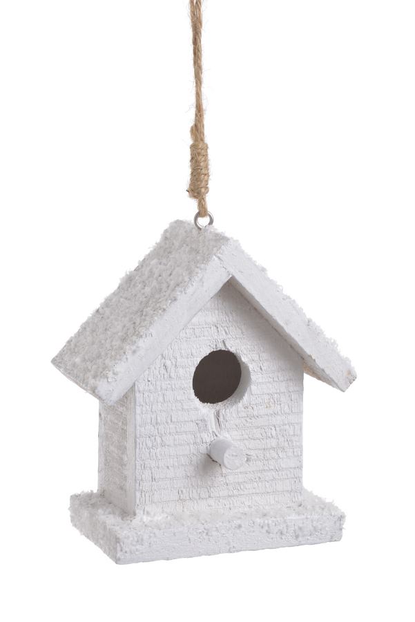 BUDKA OŚNIEŻONA DREWNIANA 11CM ZAWIESZKA WHITE