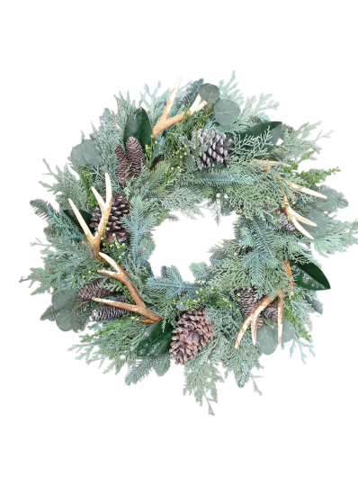 WIANEK ŚWIĄTECZNY Z ROGAMI I SZYSZKAMI 60CM GR BL