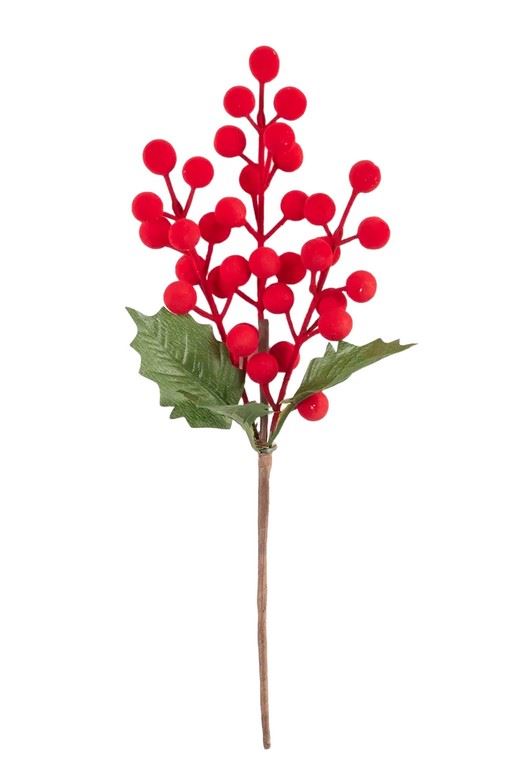 GAŁĄZKA FLOKOWANE OWOCE Z LIŚCIEM 30CM RED