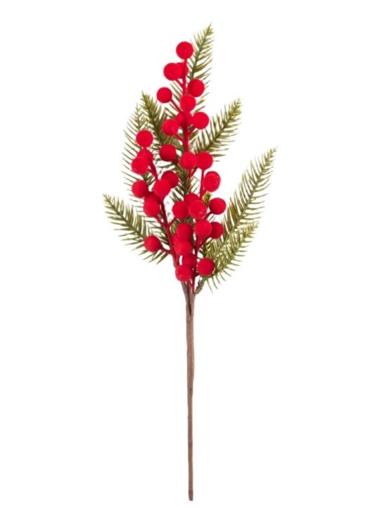 GAŁĄZKA FLOKOWANE OWOCE Z ŚWIERKIEM 40CM RED